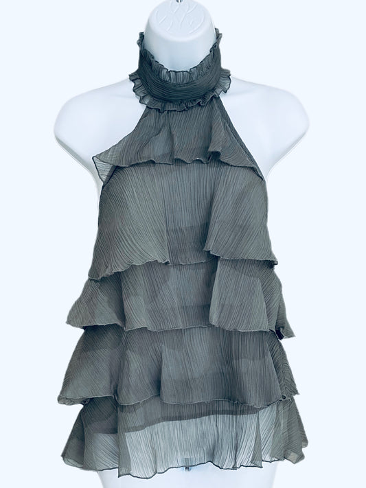 Shirt-Halter Top Design-Gray Color- Polyester Material- Ruffled Design-By Passport