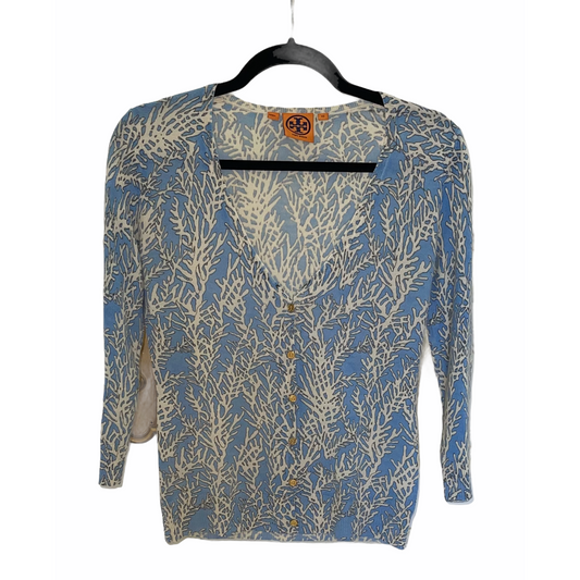 Cardigan-Periwinkle Button Down-Coral Reef Design By Tory Burch
