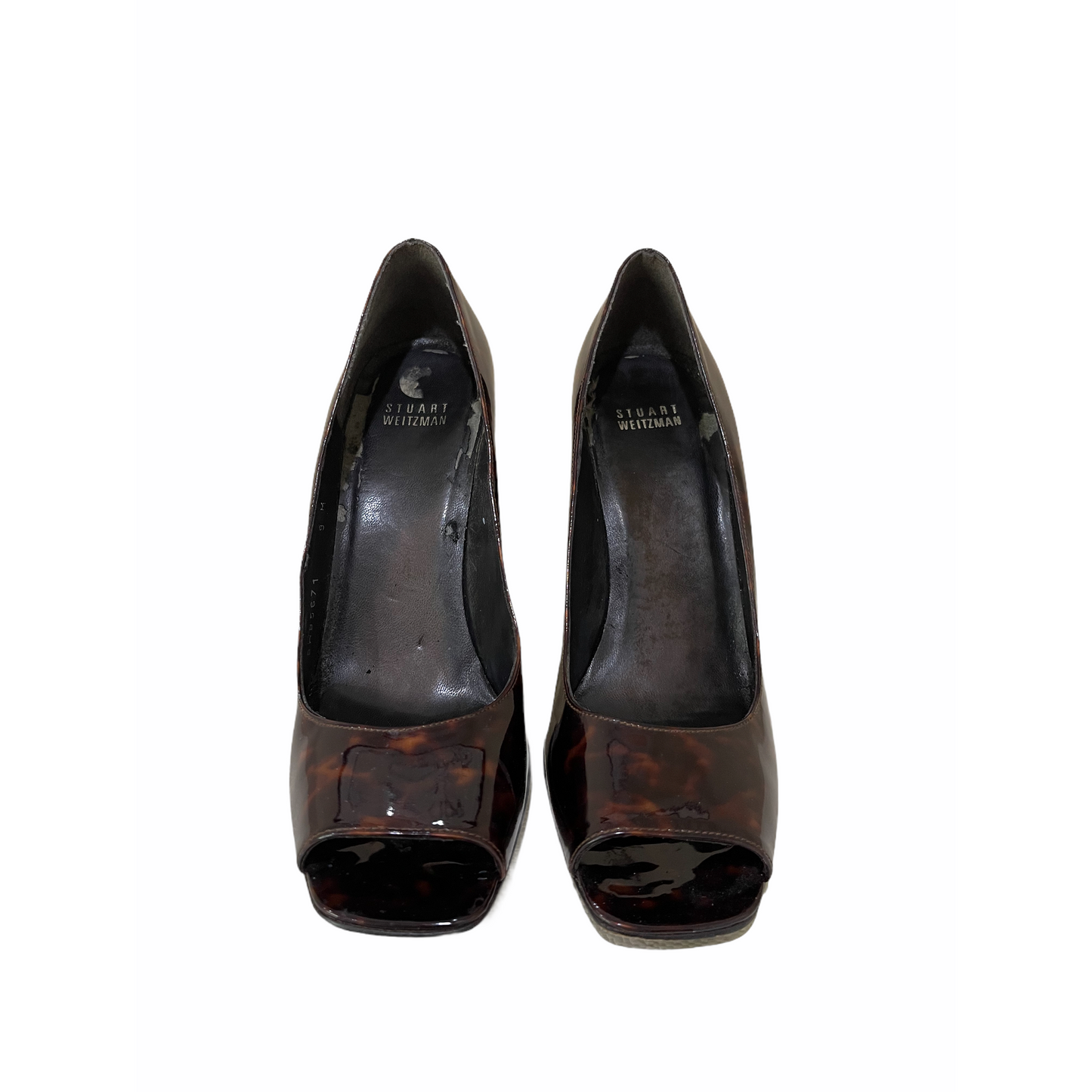 Heels-Open Toe-Patent Leather Material-Brown Marble Design- -By Stuart Weitzman