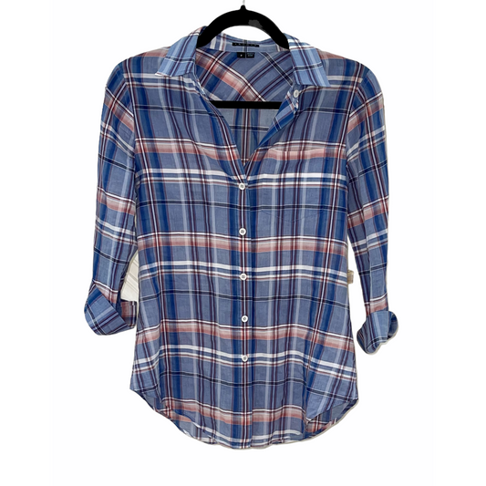 Shirt-Blue & Pink Plaid Button Up By Kenola Audrey's Theory Brand