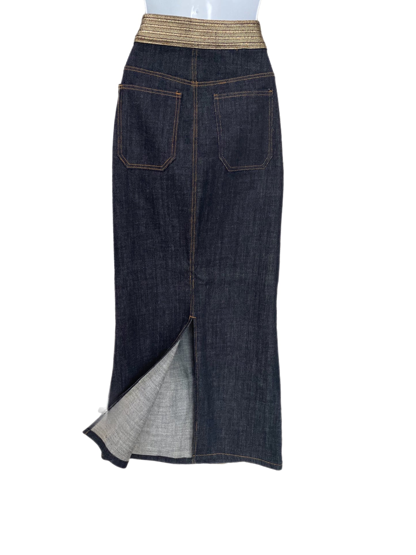 Skirt- Denim w/Back Slit and Gold Belt Embroidery By Niut A La Mode