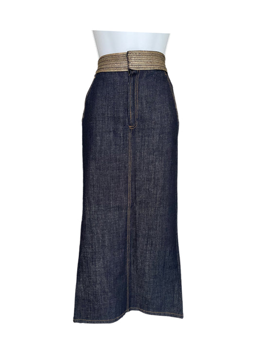 Skirt- Denim w/Back Slit and Gold Belt Embroidery By Niut A La Mode