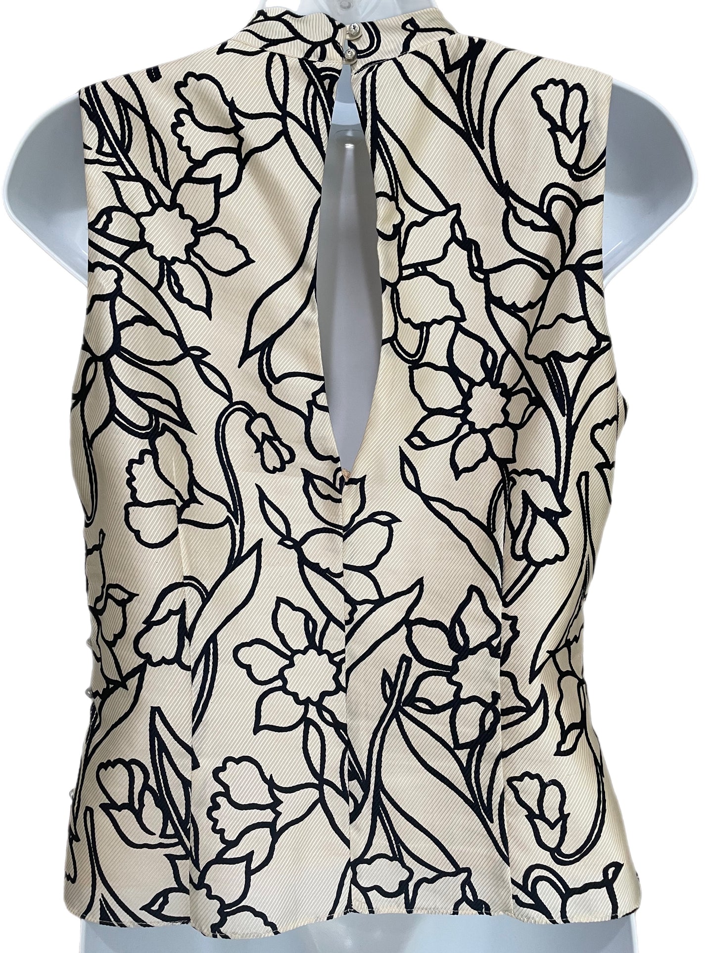 Tank Top-Cream Silk Floral High Neck Sleeveless Top By St. Vincent
