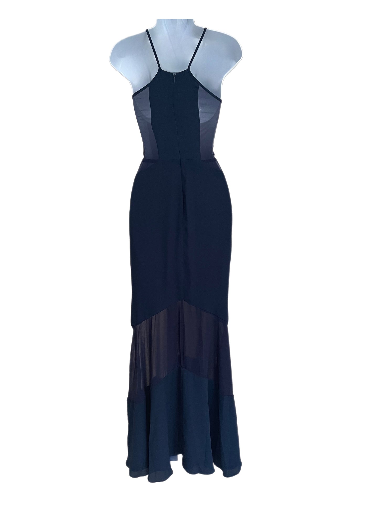 Gown-Deep V Front- Sheer Accented Design-Navy Blue Coloring- By Fame & Partners
