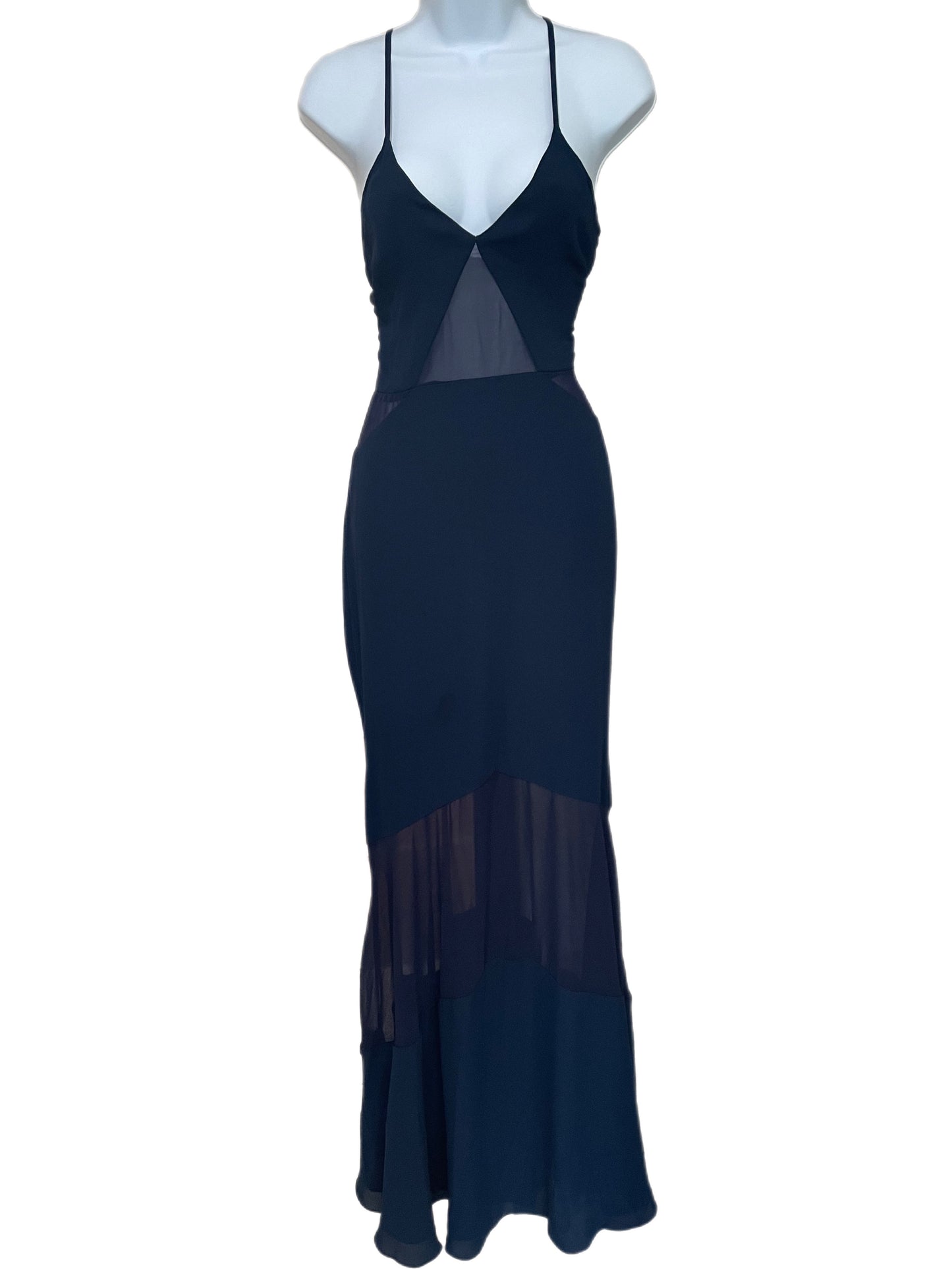 Gown-Deep V Front- Sheer Accented Design-Navy Blue Coloring- By Fame & Partners