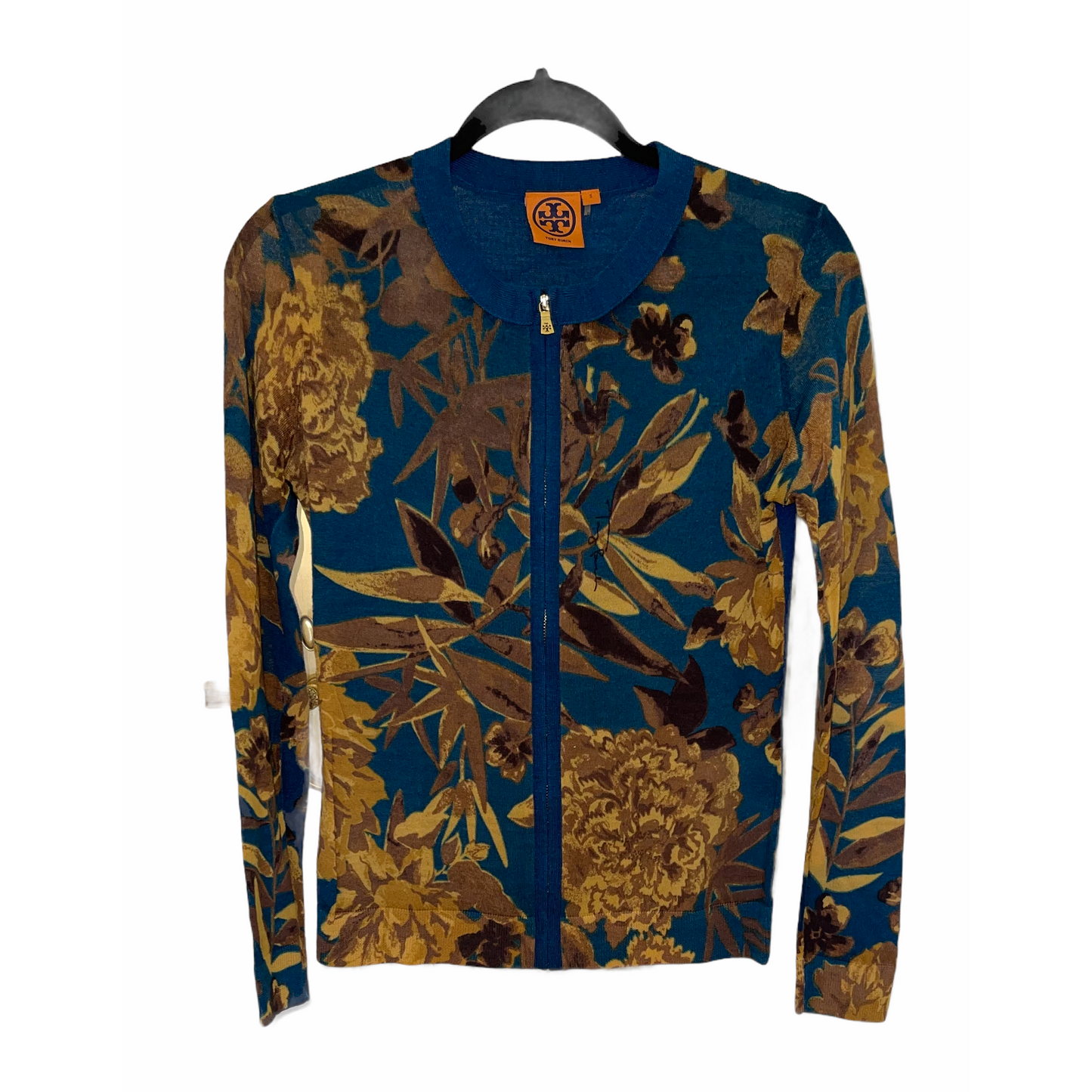 Cardigan-Blue & Brown Floral Zip Up Design- Wool Material By Tory Burch