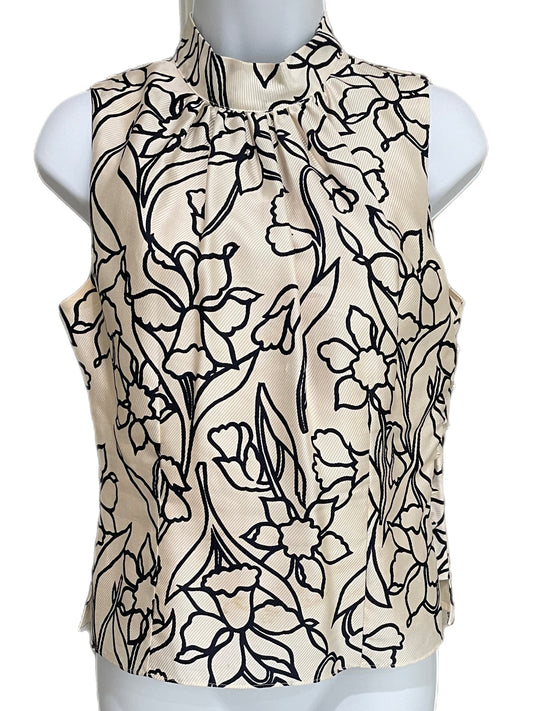 Tank Top-Cream Silk Floral High Neck Sleeveless Top By St. Vincent