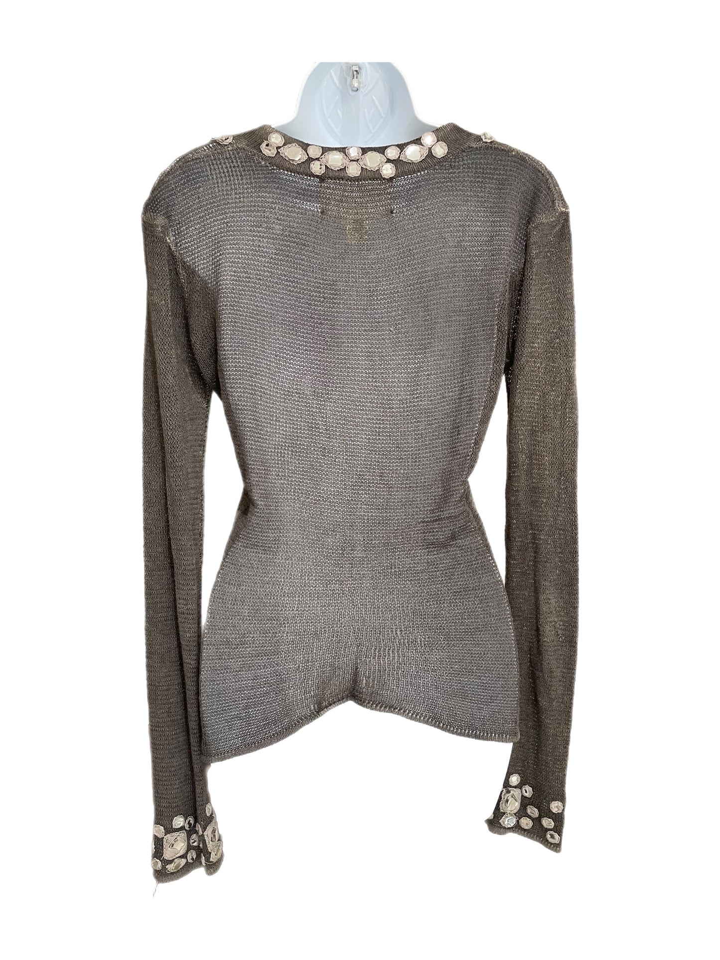 Shirt-Long Sleeve Embellished Raglan Design-Gray Coloring-Silk & Linen Material-By Ya-Ya