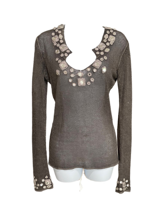 Shirt-Long Sleeve Embellished Raglan Design-Gray Coloring-Silk & Linen Material-By Ya-Ya